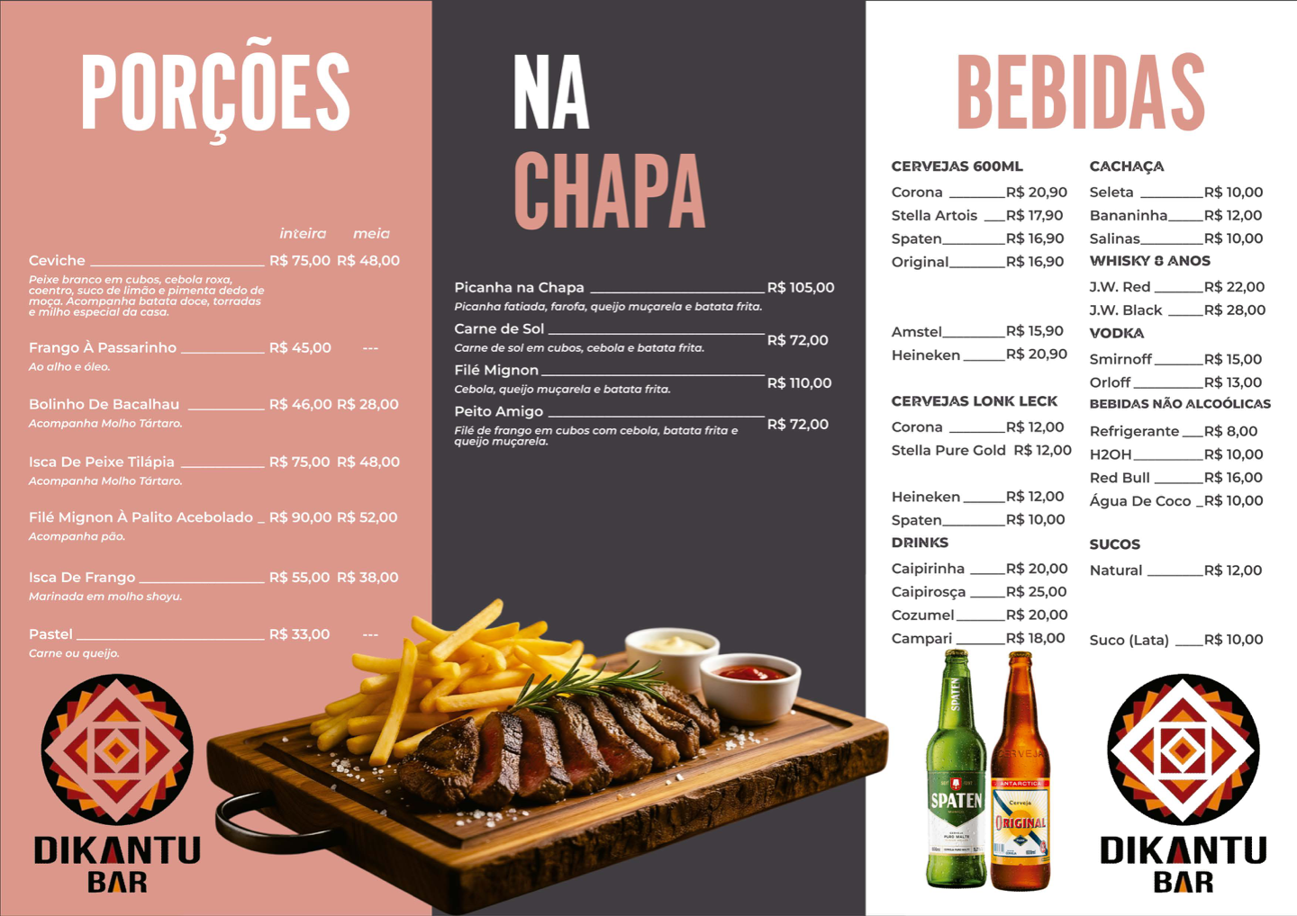 Cardápio Dikantu Bar: porções, na chapa e bebidas