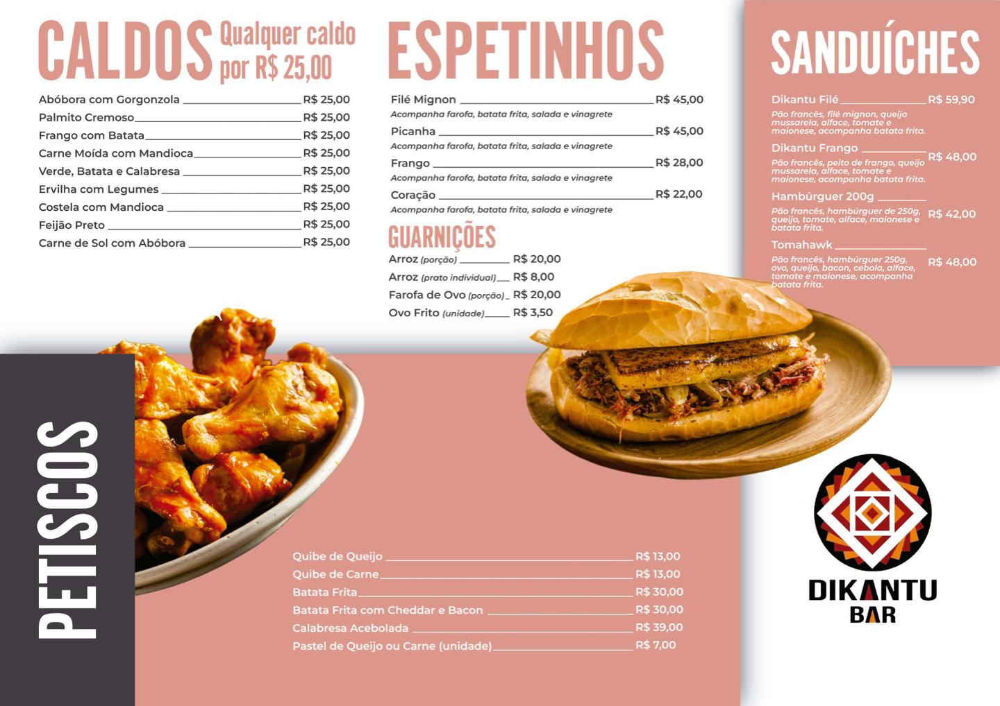 Cardápio Dikantu Bar: caldos, espetinhos, sanduíches e petiscos
